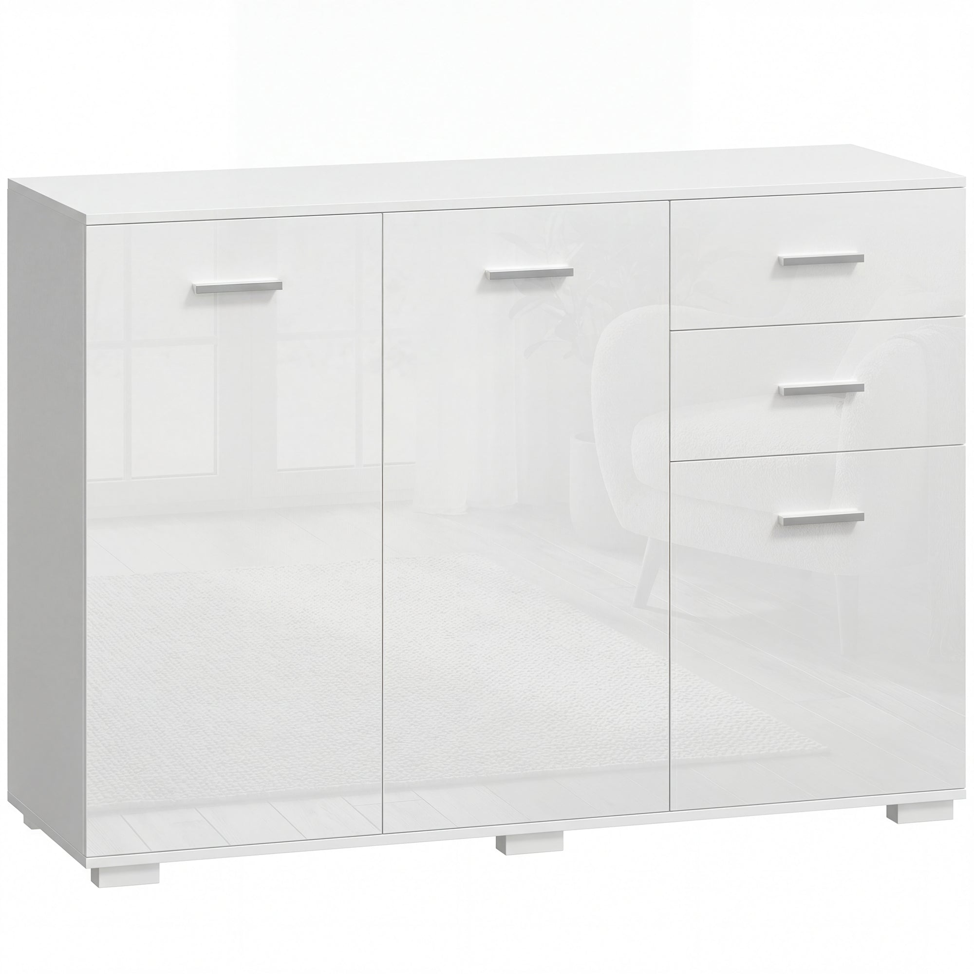 HOMCOM Sideboard, Modern Storage Cabinet with 2 Drawers, 3 Doors and Adjustable Shelves, High Gloss White 