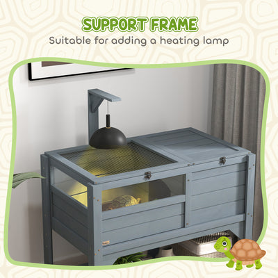 PawHut Wooden Tortoise House, with Shelter, Run, Shelf, Lamp Holder, Tray, Grey 