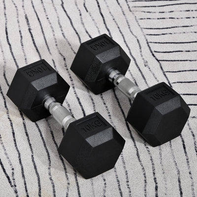 HOMCOM 2x10kg Hex Dumbbells Set Rubber Dumbbells Weight Lifting Equipment Fitness Home Gym 