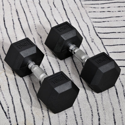 HOMCOM 2x10kg Hex Dumbbells Set Rubber Dumbbells Weight Lifting Equipment Fitness Home Gym 