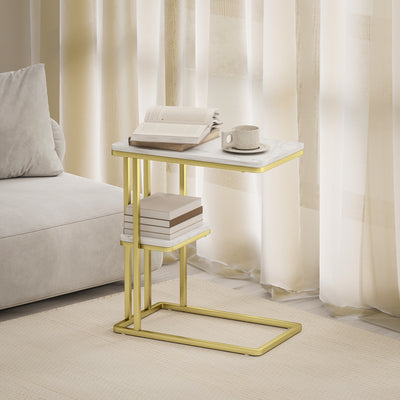 HOMCOM C-Shaped Narrow Side Table, 2-Tier Slim End Table, Nightstand for Small Spaces, Living Room, Bedroom, White Marble Grain 