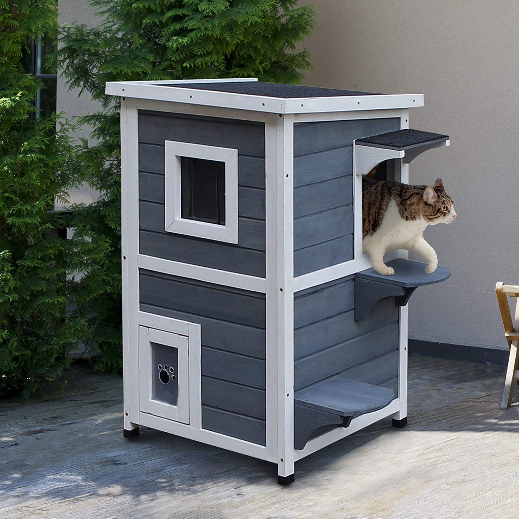 PawHut Wooden Cat House 2-Floor Outdoor Kitten Shelter with Window Grey 