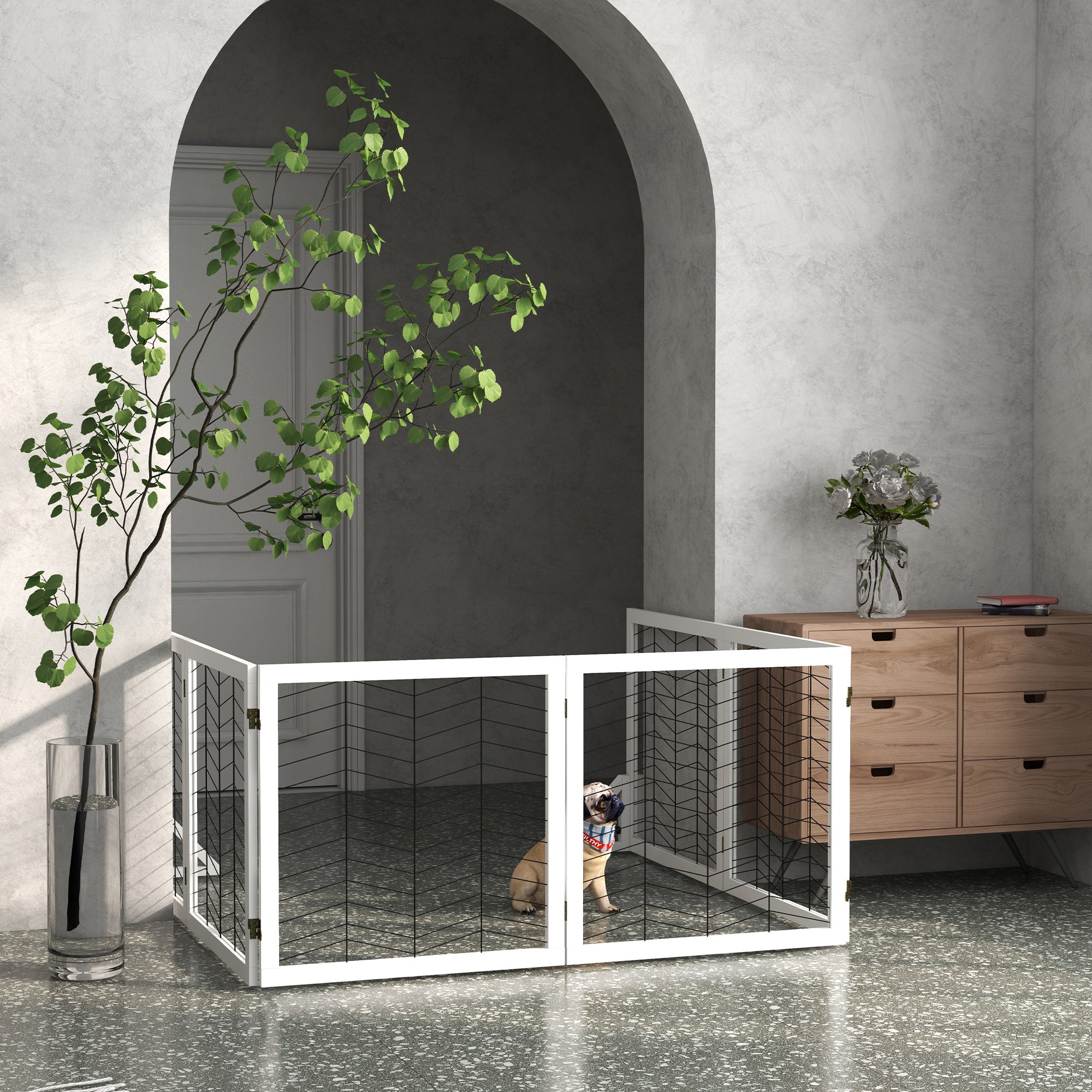PawHut 6 Panels Pet Gate, Wooden Foldable Dog Barrier w/ Two Support Feet, for Small, Medium Dogs - White 
