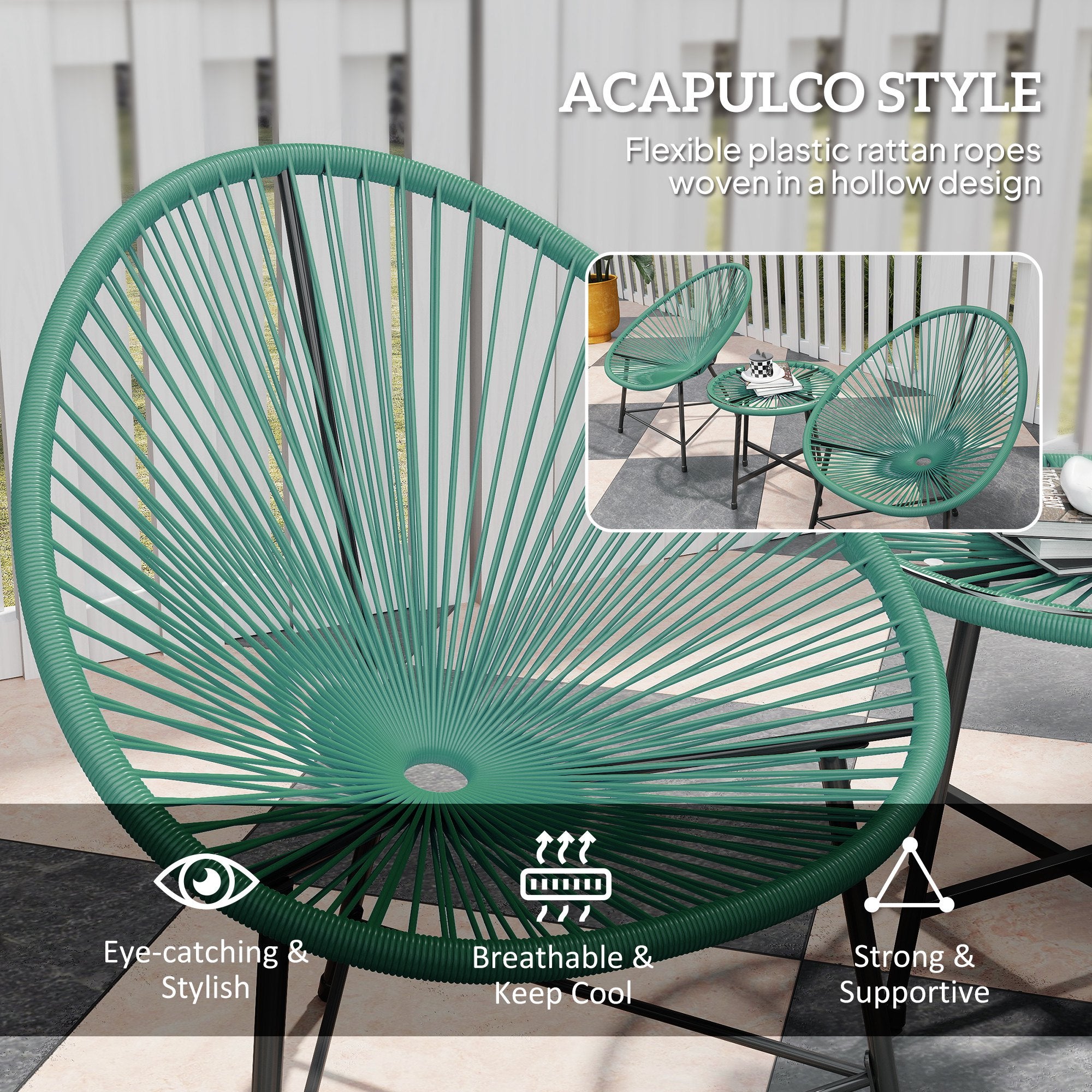 Outsunny Rattan Bistro Set with Acapulco Chairs and Glass Table, Green 