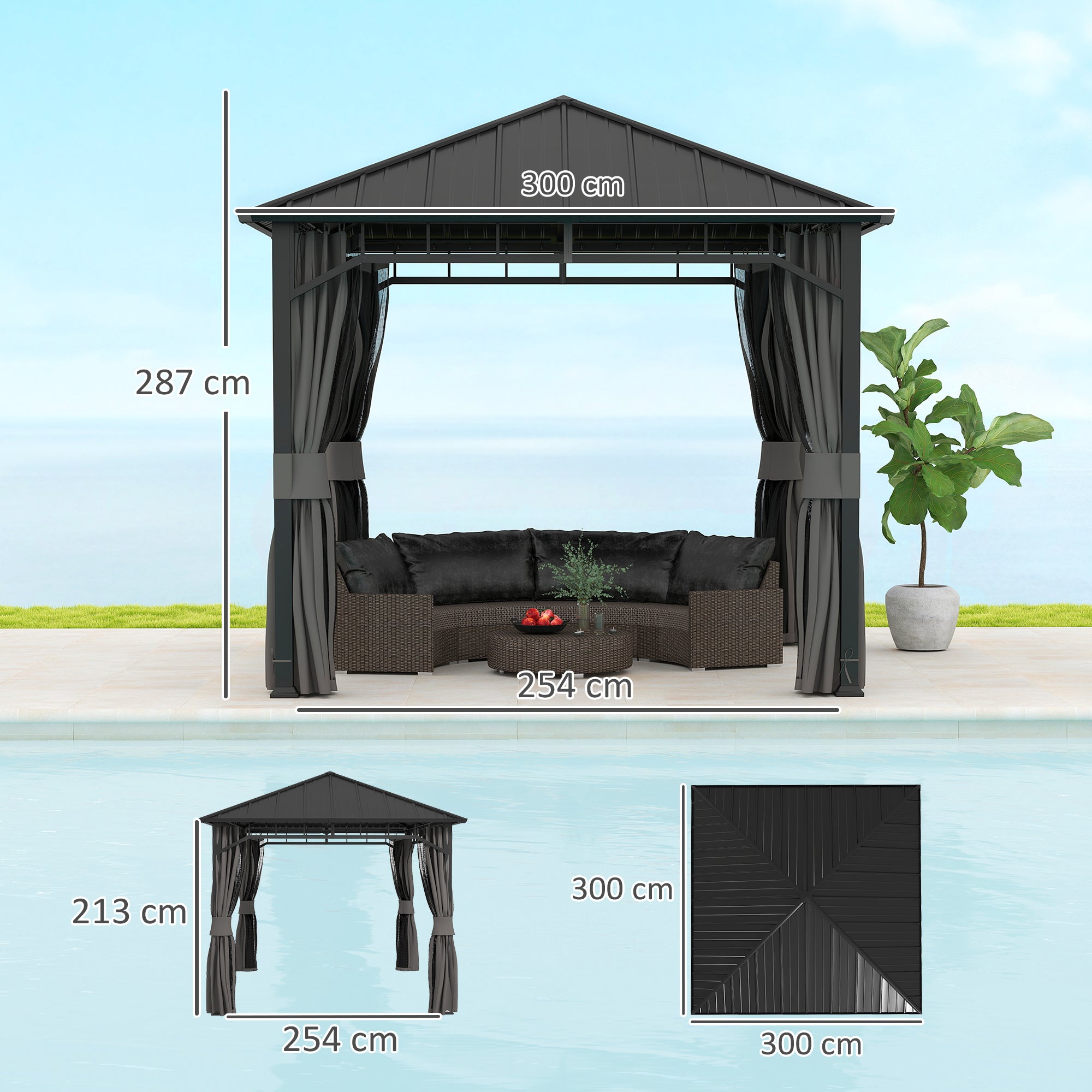 Outsunny 3 x 3(m) Hardtop Gazebo with Galvanised Steel Roof and Water Gutter, Waterproof Permanent Pavilion Garden Gazebo with Netting and Curtains for Patio, Deck 