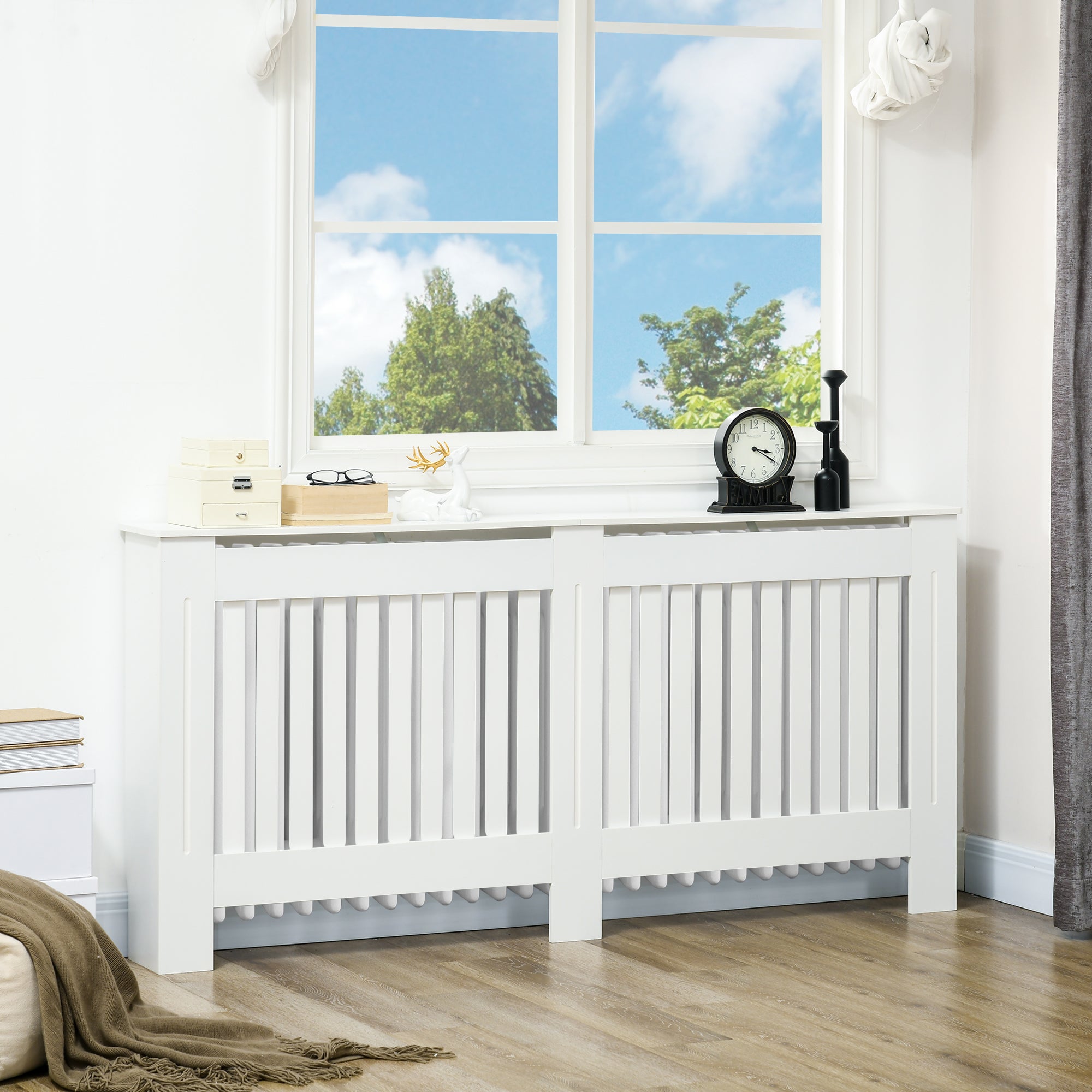 HOMCOM Slatted Radiator Cover Painted Cabinet MDF Lined Grill in White (172L x 19W x 81H cm) 