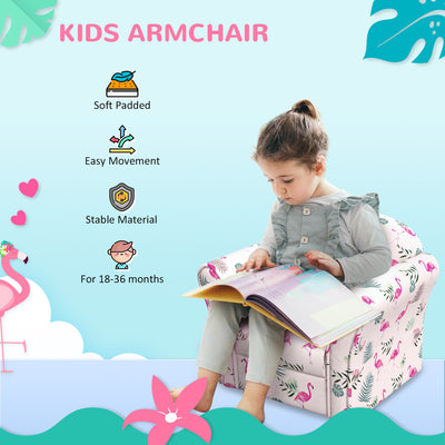 AIYAPLAY Kids Armchair with Flamingo Design, Wooden Frame, for Bedroom, Playroom, Kids Room - Pink 