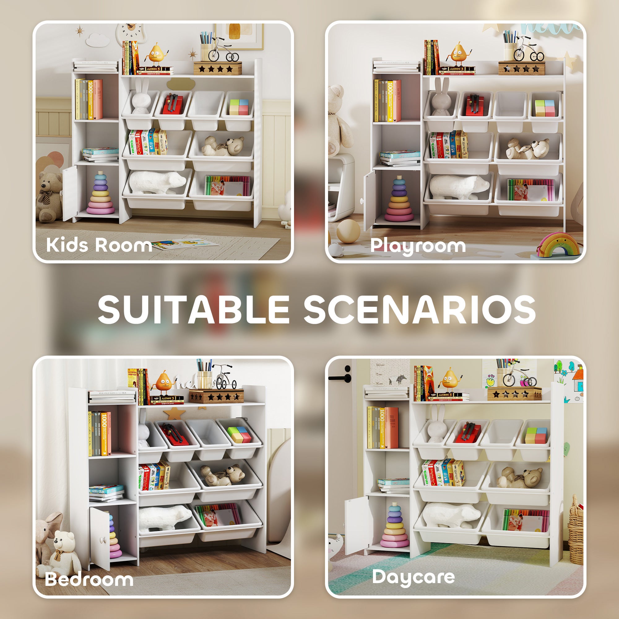 AIYAPLAY Toy Storage Unit with 8 Removable Bins, Storage Shelves, Cabinet, White 