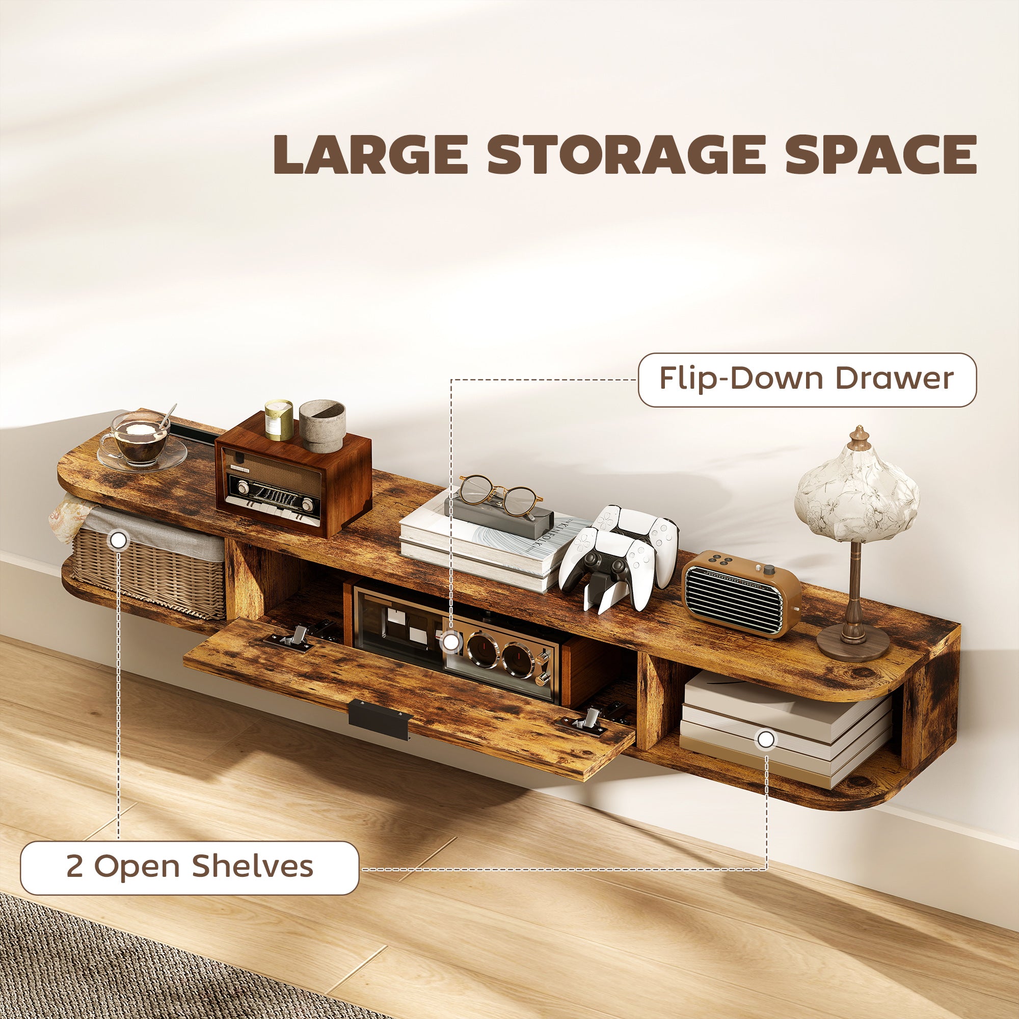 HOMCOM 120 cm Floating TV Unit for TVs up to 50 Inch - Rustic Brown 