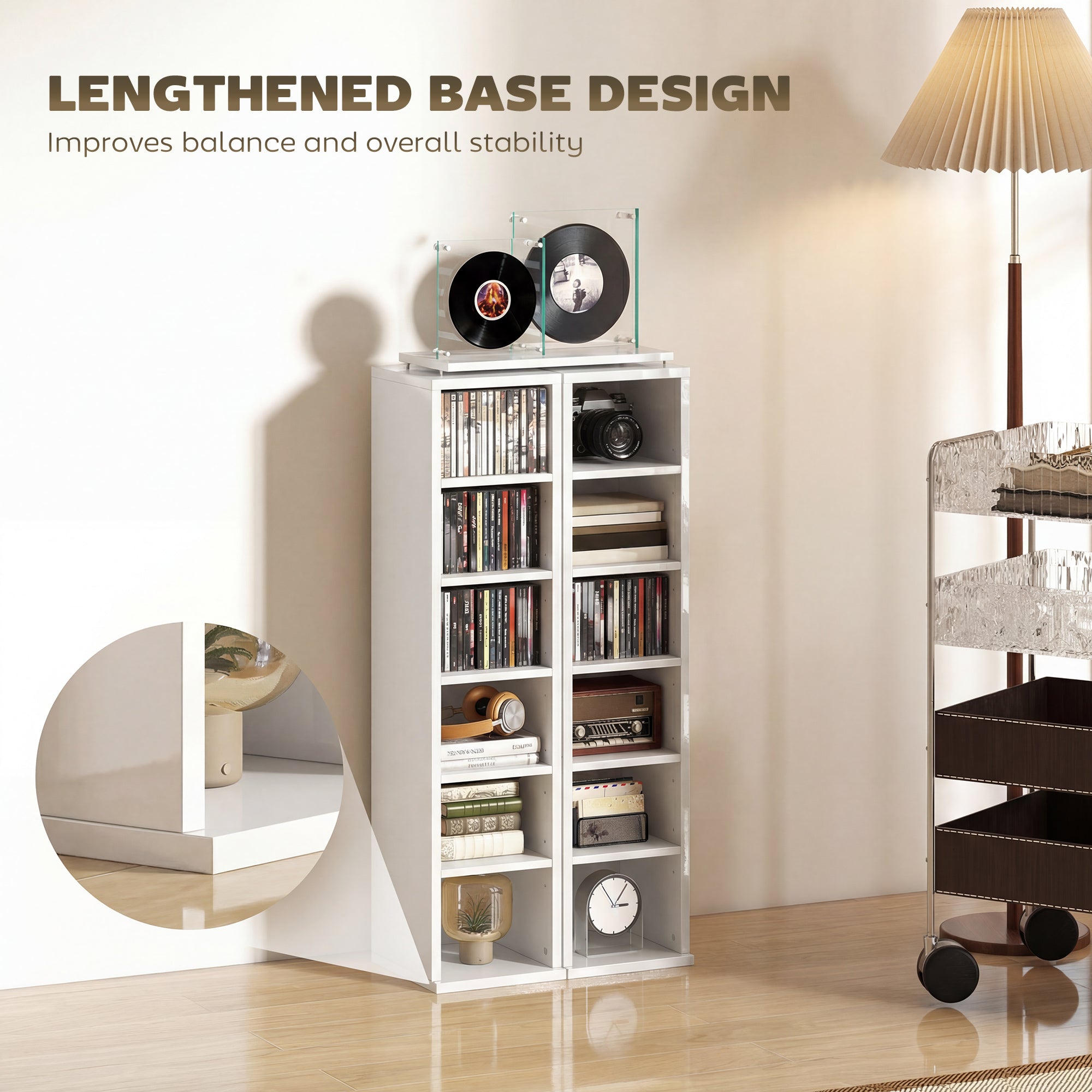 HOMCOM Set of 2 CD Media Display Shelf Unit Tower Rack with Adjustable Shelves, High Gloss White 