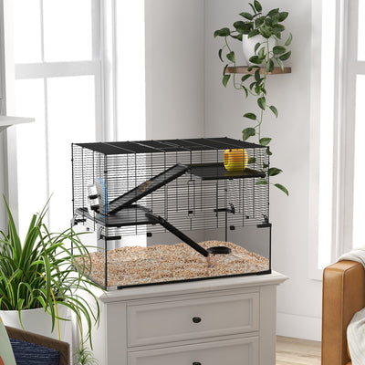 PawHut 3 Tiers Hamster Cage, Gerbil Cage with Deep Glass Bottom, Non-Slip Ramps, Platforms, Hut, Exercise Wheels, Water Bottle, Dish, for Syrian Hamster, Dwarf Hamster, 78.5 x 48.5 x 57cm 