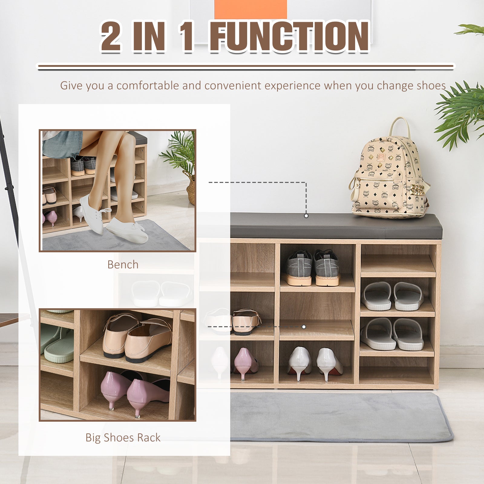HOMCOM Multi-Storage Shoe Rack w/ 14 Compartments Cushion Moving Shelves Solid Frame Foot Pads Home Office Tidy Organisation Boots Trainers Brown 