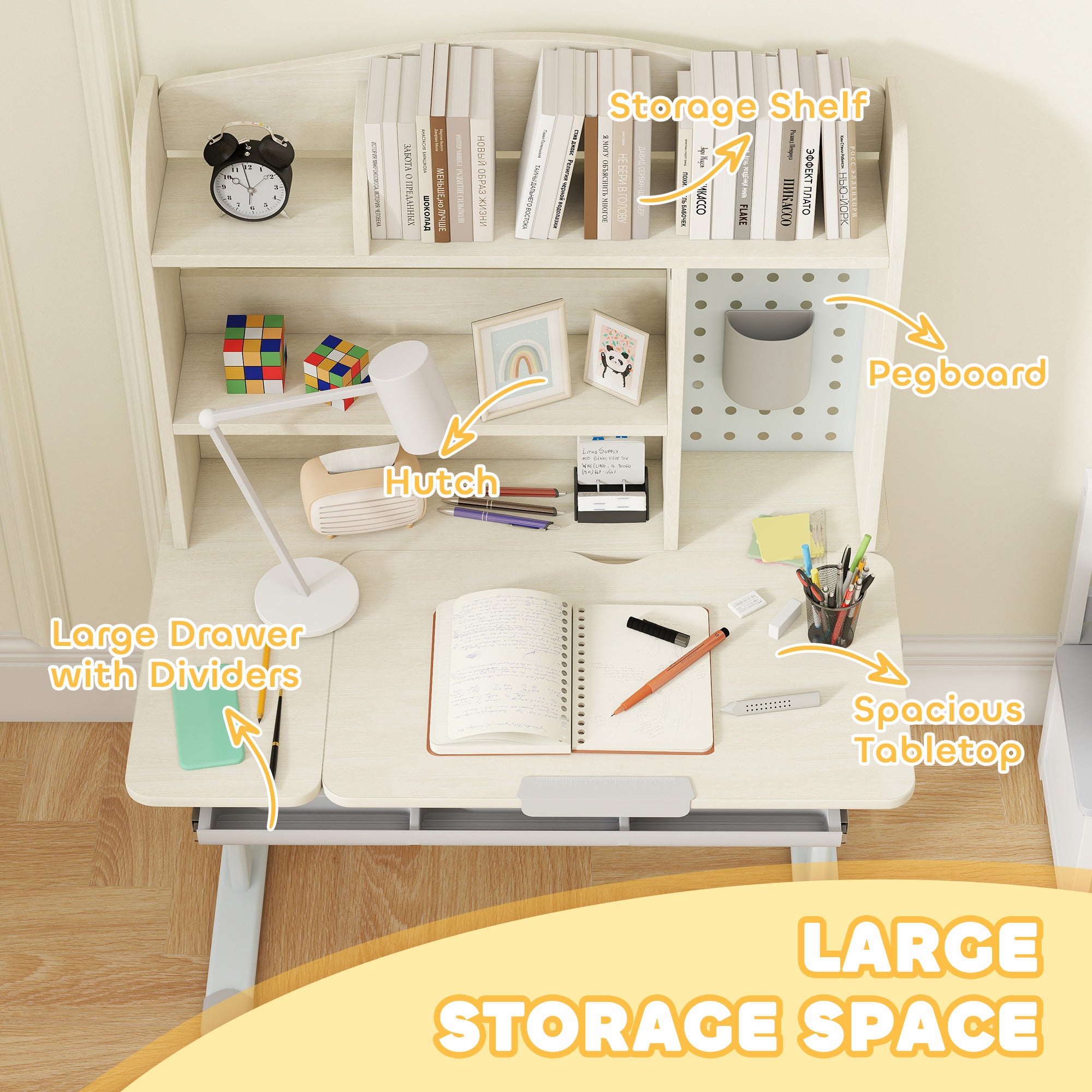 AIYAPLAY Kids Desk Height Adjustable with Tilt-Desktop, Hutch, Drawer, Storage Shelf, Pegboard, for 3-12 Years Old, Natural 