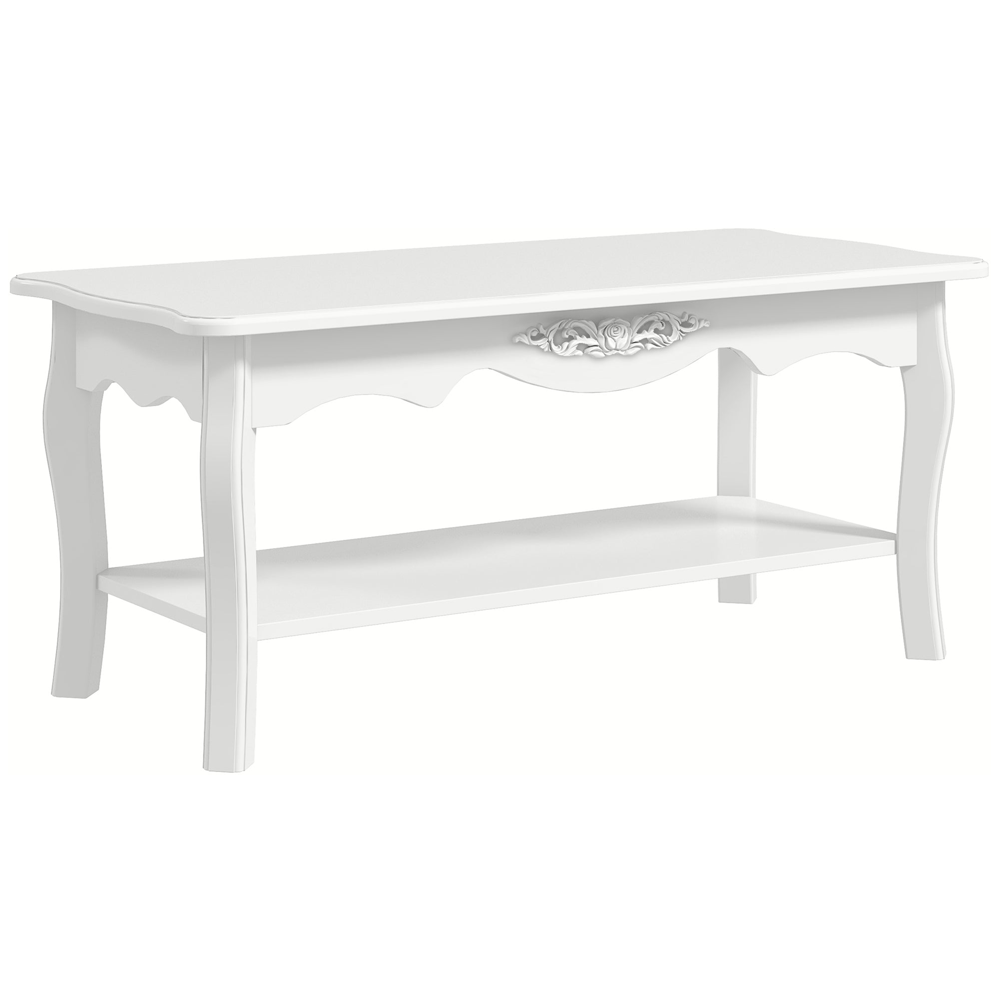 HOMCOM White Coffee Table Wood Cocktail Tea Centre Table with Storage Shelf for Living Room Reception Room, 94L x 44W x 42H cm 