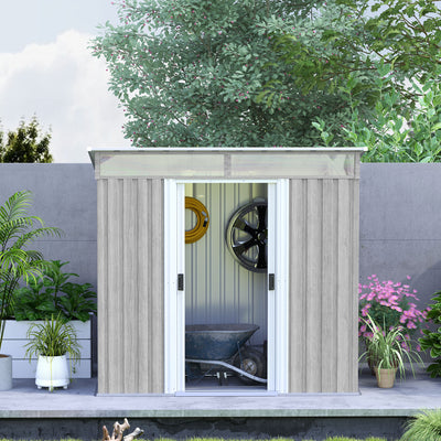 Outsunny 6.5 x 4FT Galvanised Metal Shed with Foundation Kit, Lockable Tool Garden Shed with Double Sliding Doors, Vents, Light Grey Wood Effect 
