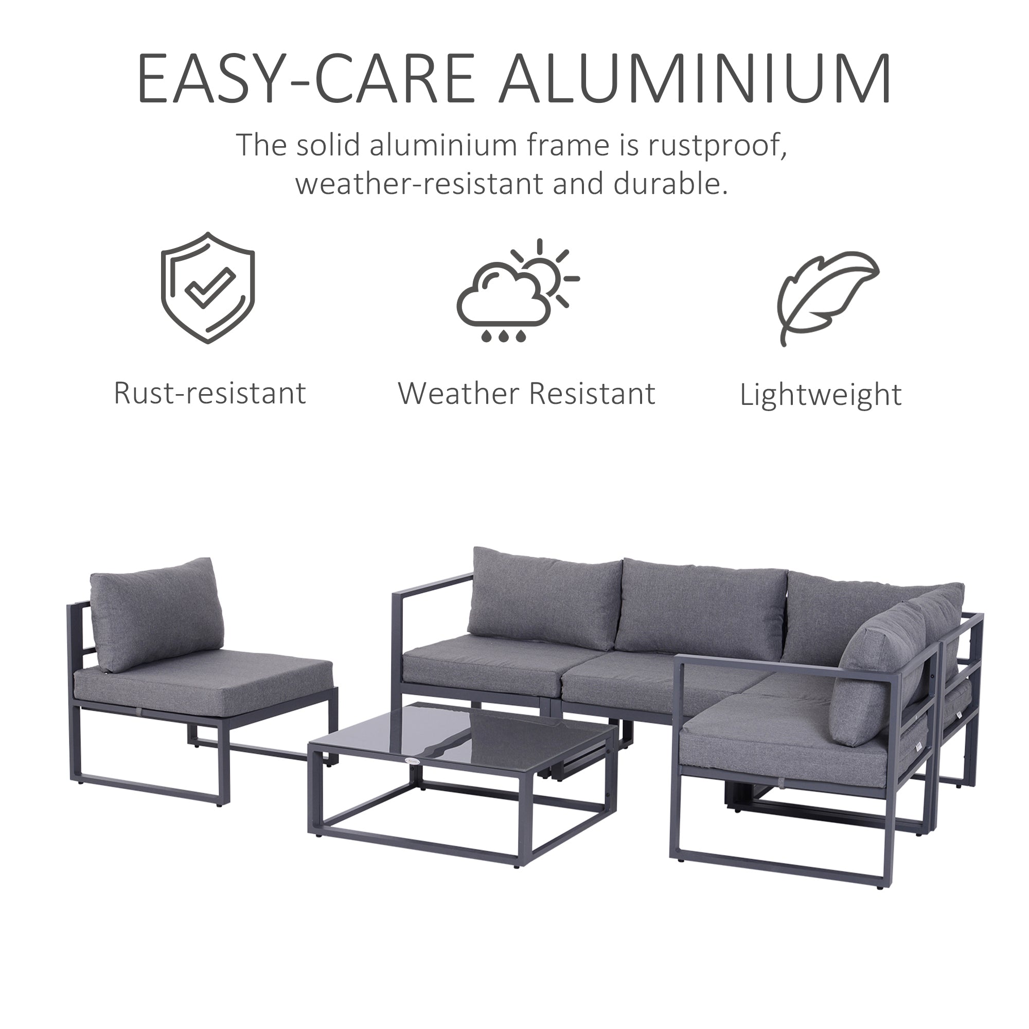 Outsunny 6 PCs Outdoor Indoor Sectional Corner Sofa Set Thick Padded Cushions Aluminium Frame 5 Seaters 1 Coffee Table Grey 