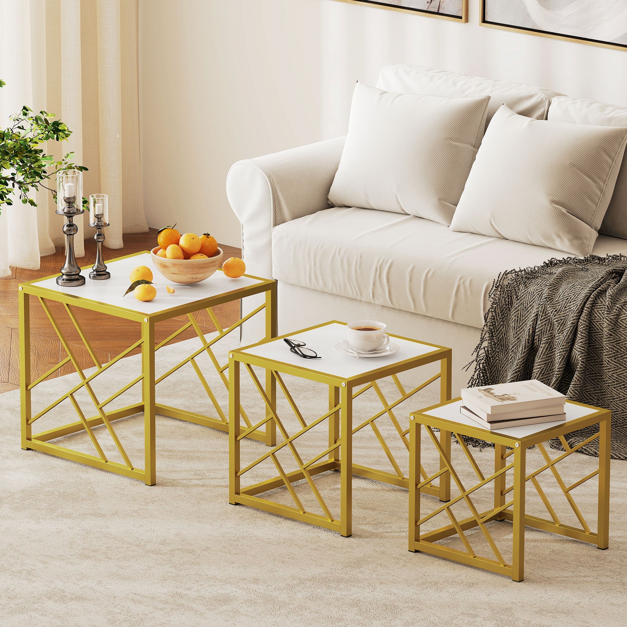 HOMCOM Nesting Coffee Tables, Set of 3 Square Side Tables with Black Metal Frame, for Living Room, Bedroom and Office, White 