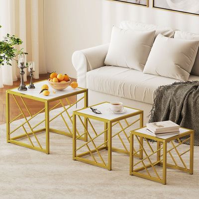 HOMCOM Nesting Coffee Tables, Set of 3 Square Side Tables with Black Metal Frame, for Living Room, Bedroom and Office, White 