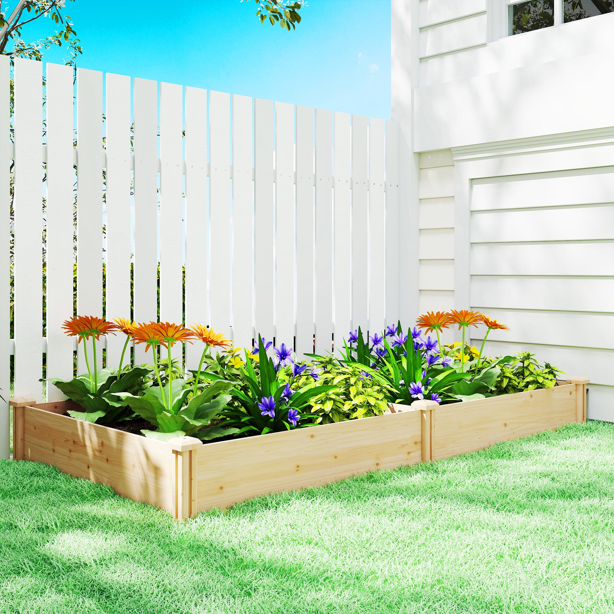Outsunny Raised Garden Bed, Wooden Planter Box with Divider and Open Bottom for Flowers, Herbs, Vegetables, DIY Painting 