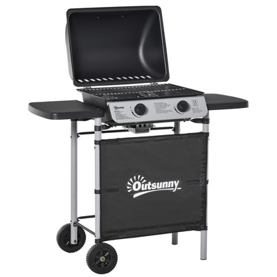 Outsunny 2 Burner Gas BBQ Trolley with Lid, 5.6 kW Gas Barbecue Grill with Wheels, Side Shelves, Black 