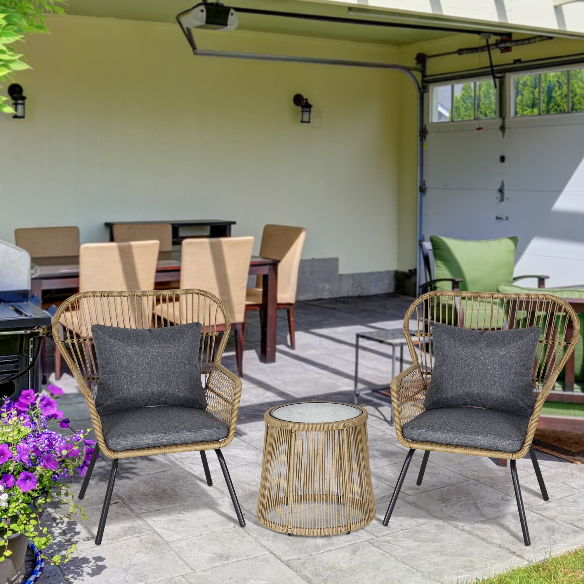Outsunny 3 Pieces Rattan Bistro Set, Wicker Garden Furniture Set with Cushions, Glass Top Coffee Table and Chairs for Outdoor, Patio, Balcony, Brown 
