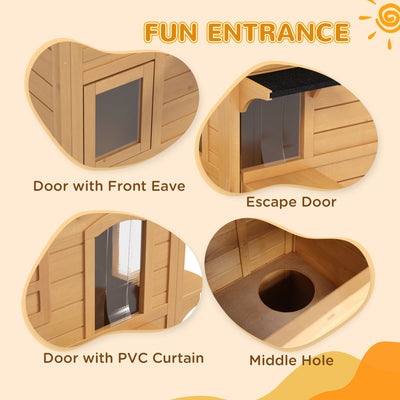 PawHut\'c2\'a02-story Cat House Outdoor, Weatherproof\'c2\'a0Wooden Cat Enclosure for Feral Cats with Escape Door, Openable Roof, Jumping Platforms, Natural Wood Finish 