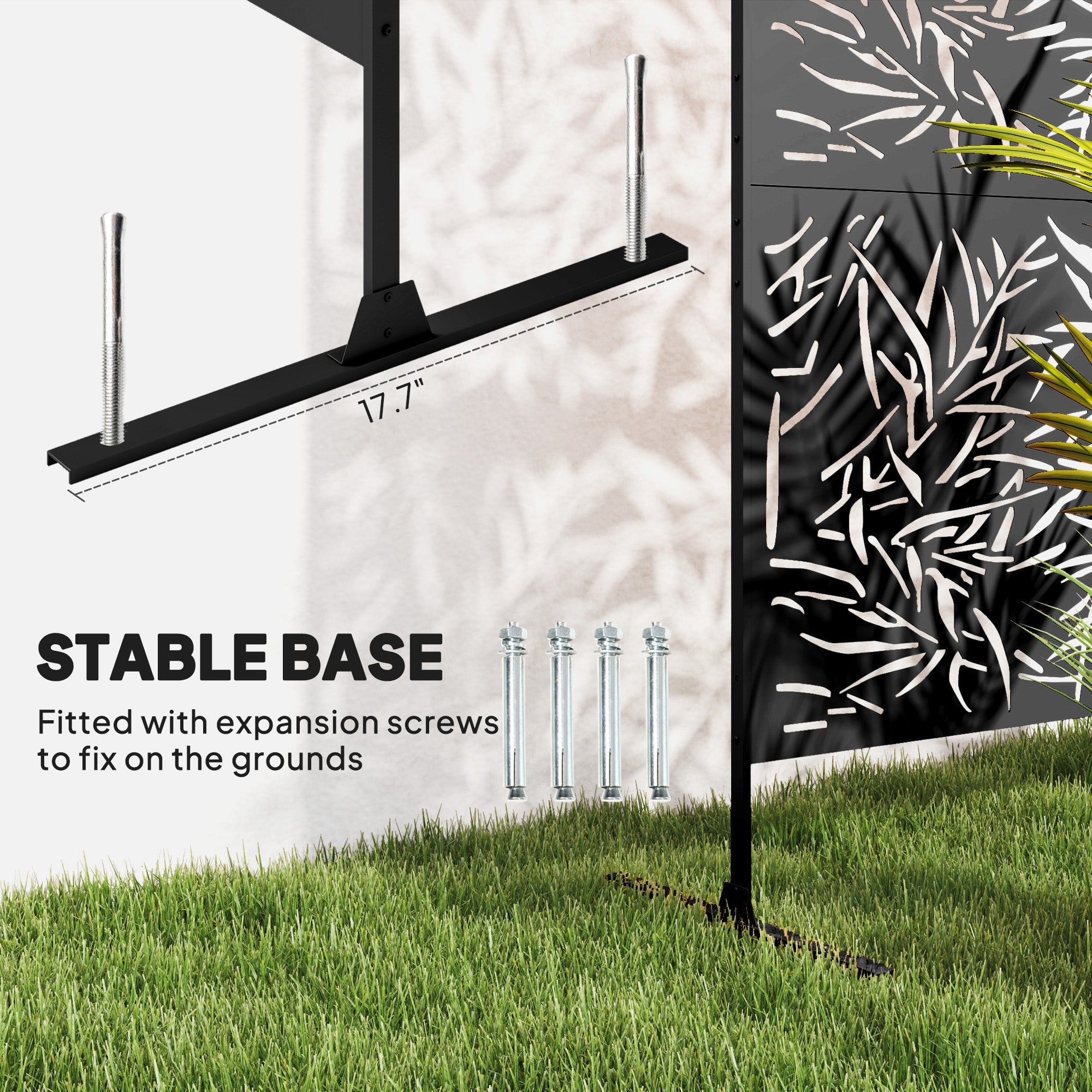 Outsunny Decorative Garden Privacy Screen with Stand, 6.5FT Freestanding Metal Outdoor Divider, Decorative Privacy Panel with Expansion Screws for Garden Pool Hot Tub, Bamboo Style, Black 