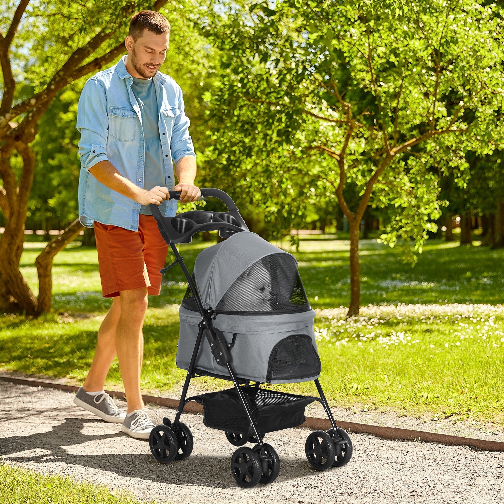 PawHut Dog Pram Dog Stroller Foldable Pet Pushchair with 4 Wheels, Safety Leashes, Cup Holder for Small Dogs, Grey 
