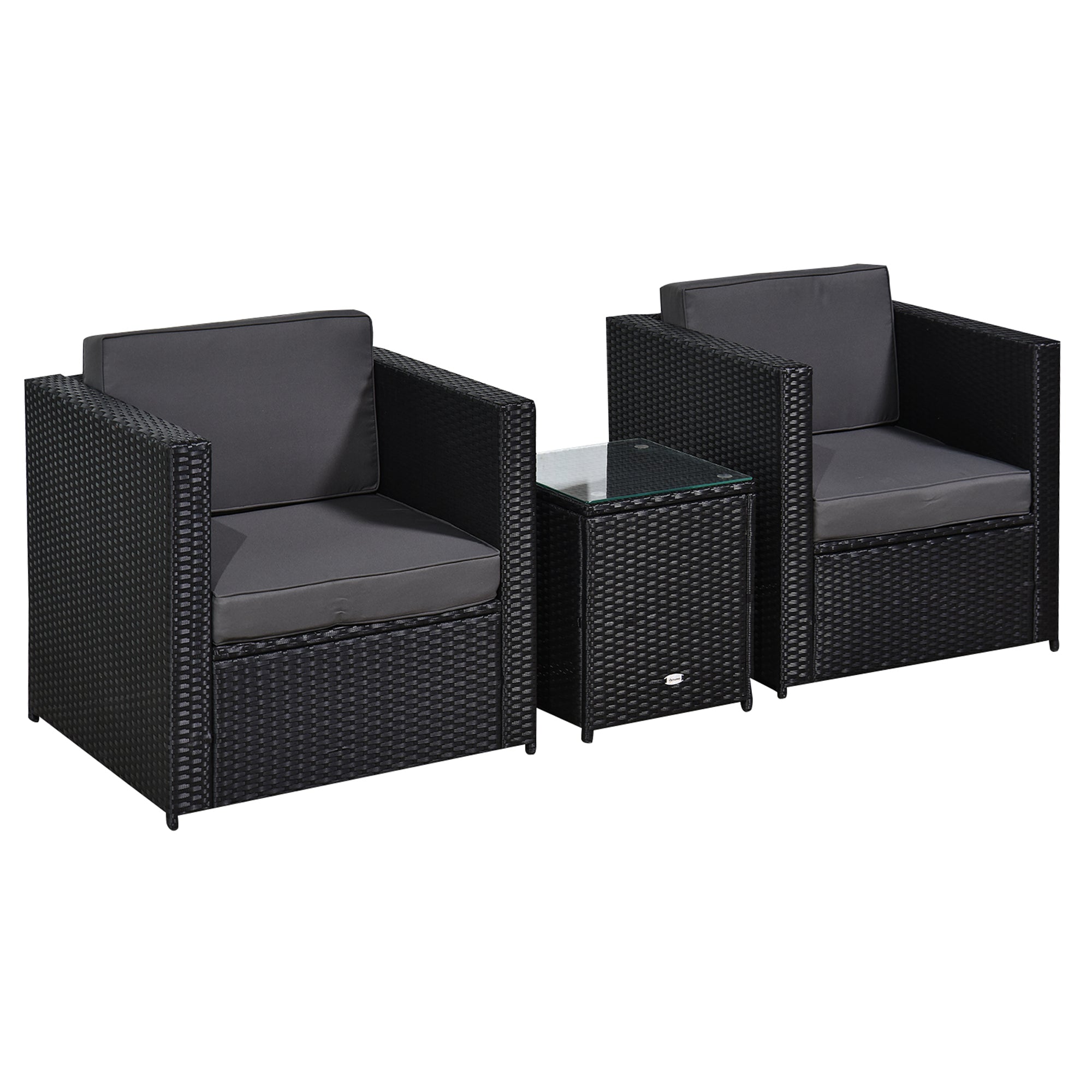 Outsunny 3 Pieces Rattan Bistro Set, Wicker Garden Furniture Set with Glass Top Coffee Table and Chairs, Thickened Washable Cushions for Outdoor, Patio, Balcony, Black 