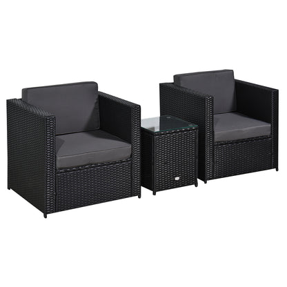 Outsunny 3 Pieces Rattan Bistro Set, Wicker Garden Furniture Set with Glass Top Coffee Table and Chairs, Thickened Washable Cushions for Outdoor, Patio, Balcony, Black 