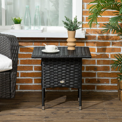 Outsunny Rattan Side Table, Outdoor Coffee Table with Plastic Board Under the Full Woven Table Top for Patio, Garden, Balcony, Black 