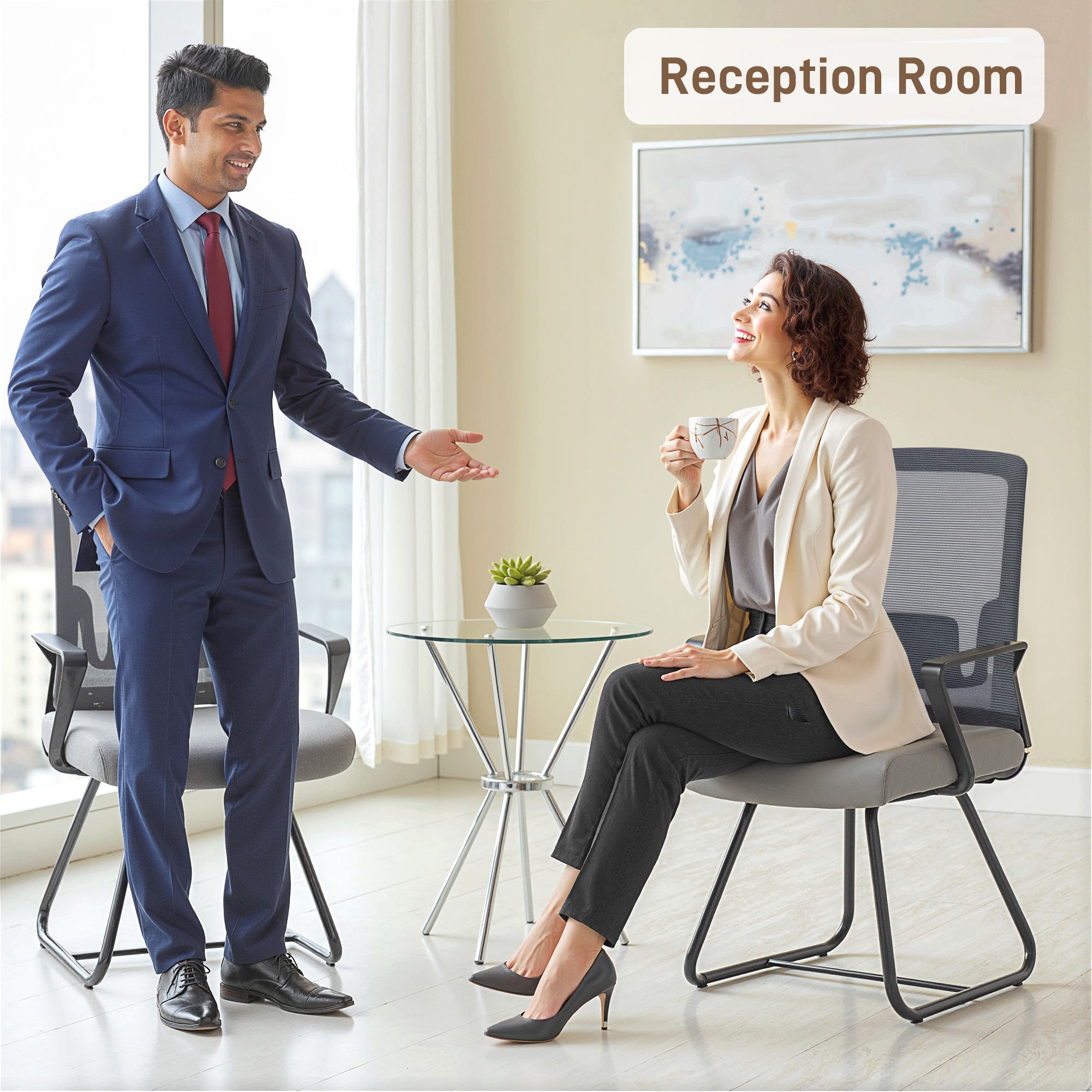 HOMCOM Desk Chair No Wheels, Office Chair with Mesh Back, Lumbar Support, Metal Base for Waiting Room, Conference Room, Dark Grey 