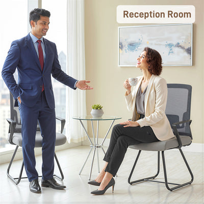 HOMCOM Desk Chair No Wheels, Office Chair with Mesh Back, Lumbar Support, Metal Base for Waiting Room, Conference Room, Dark Grey 