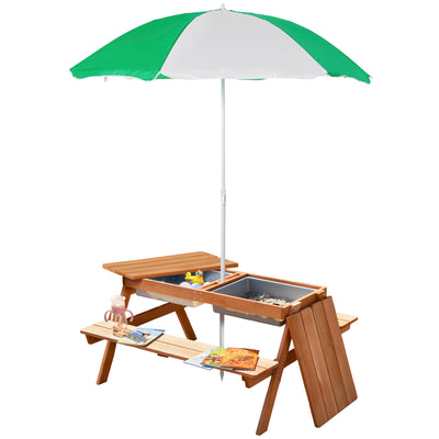 Outsunny Kids Picnic Table with Benches, Wooden Sand and Water Table, Adjustable Parasol, Storage Bins, for Kids 3-6 Years, Brown 