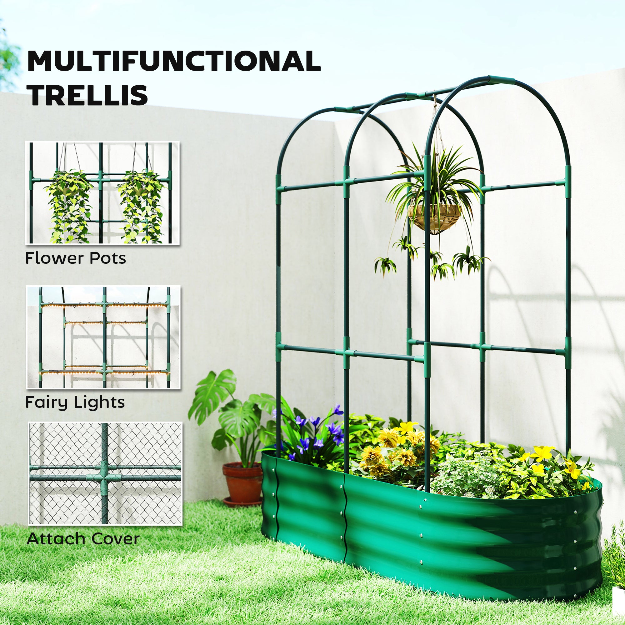 Outsunny Galvanised Raised Garden Bed with Arched Trellis, 4 x 2 x 4.6ft Metal Raised Bed for Garden with Open Bottom, Green 