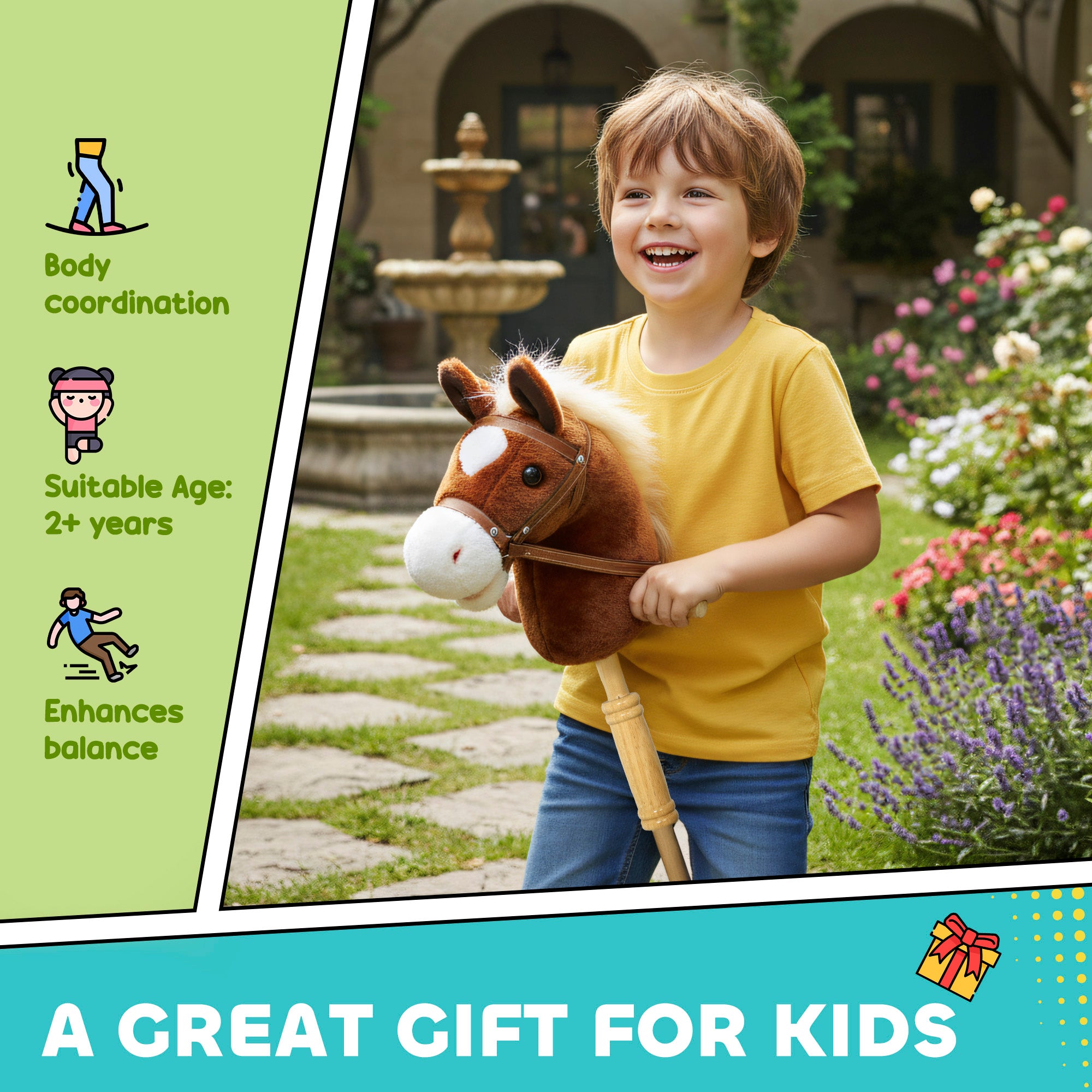 AIYAPLAY Stick Horse with Wood Wheels, Real Pony Neighing and Galloping Sounds, Grip Handle, 95 cm, Brown 