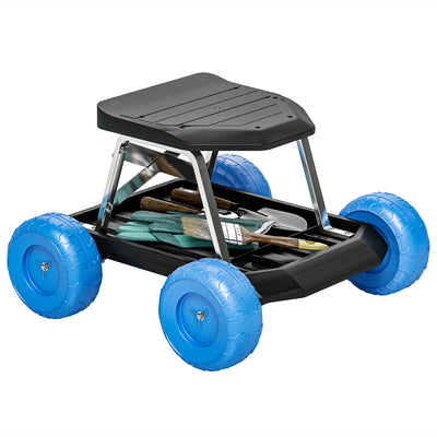 Outsunny Garden Cart with Wheels, Garden Stool Trolley with Tool Tray, Rolling Garden Seat for Weeding, Planting, Blue 