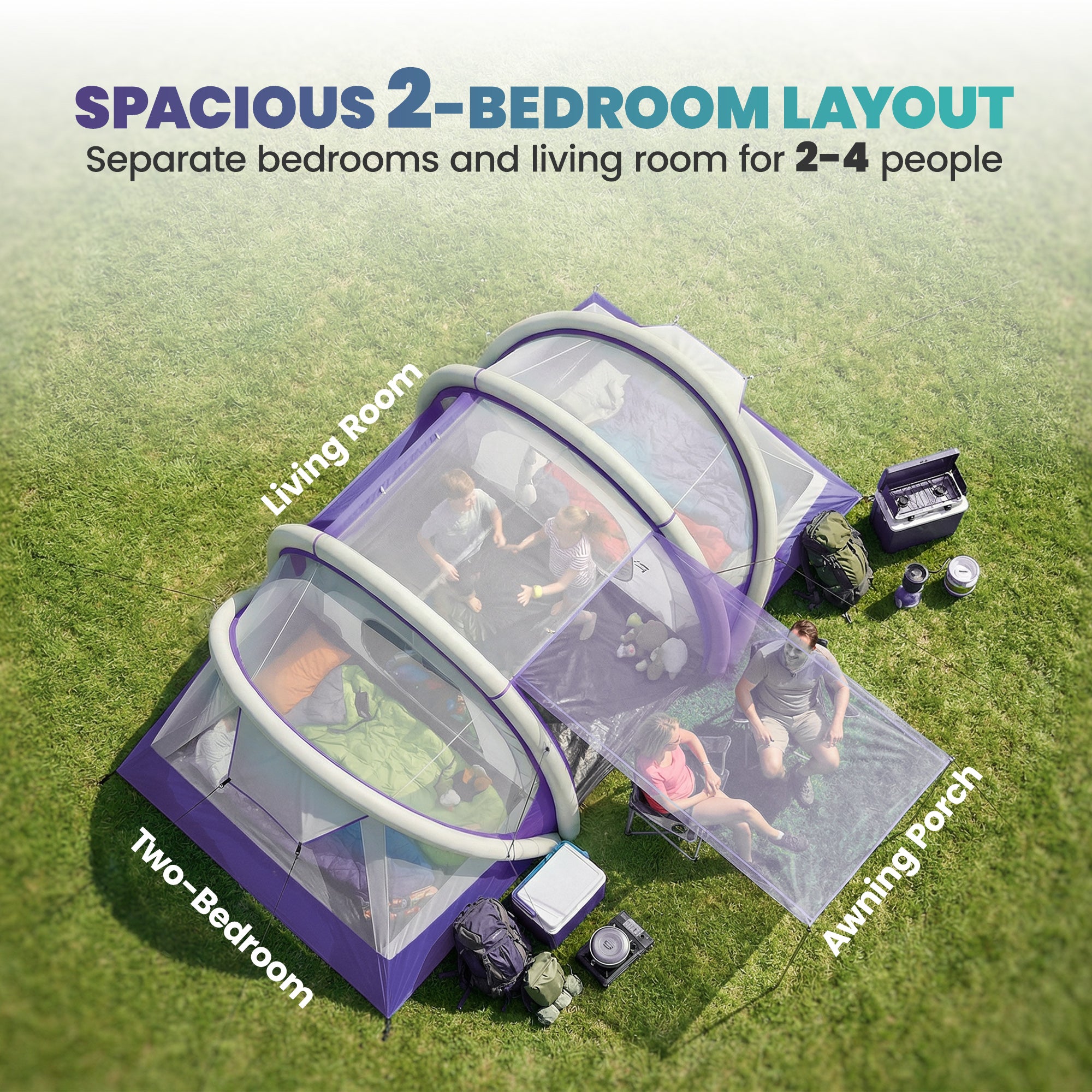 Outsunny Inflatable Tent 2 Bedroom 3000mm Waterproof Windproof Air Tent with Carry Bag for 4 Person 