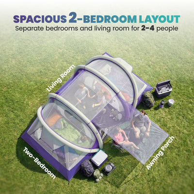 Outsunny Inflatable Tent 2 Bedroom 3000mm Waterproof Windproof Air Tent with Carry Bag for 4 Person 