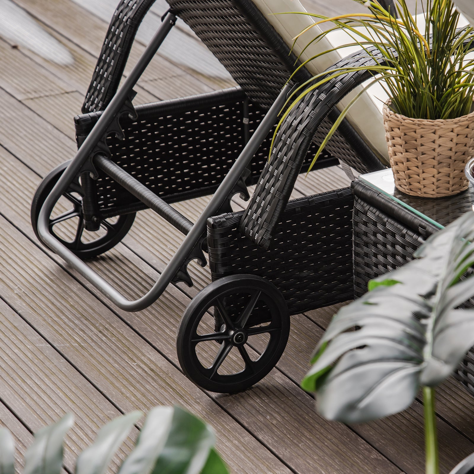 Outsunny 2 Seater Rattan Sun Lounger Set with Side Table Black 