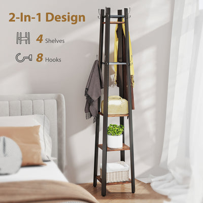 HOMCOM Industrial-Style Four Shelf Coat Stand - Brown/Black 