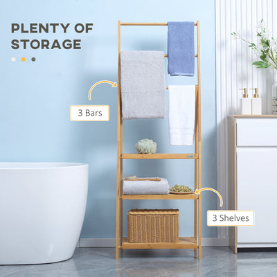 kleankin Freestanding Natural Bamboo Towel Rack with 3 Towel Rails and 3 Storage Shelves, Space-Saving Foldable Towel Holder for Bathroom 