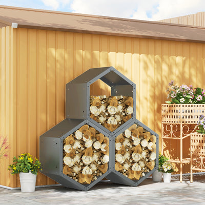 Outsunny Three-Shelf Hexagon Metal Firewood Rack - Grey 