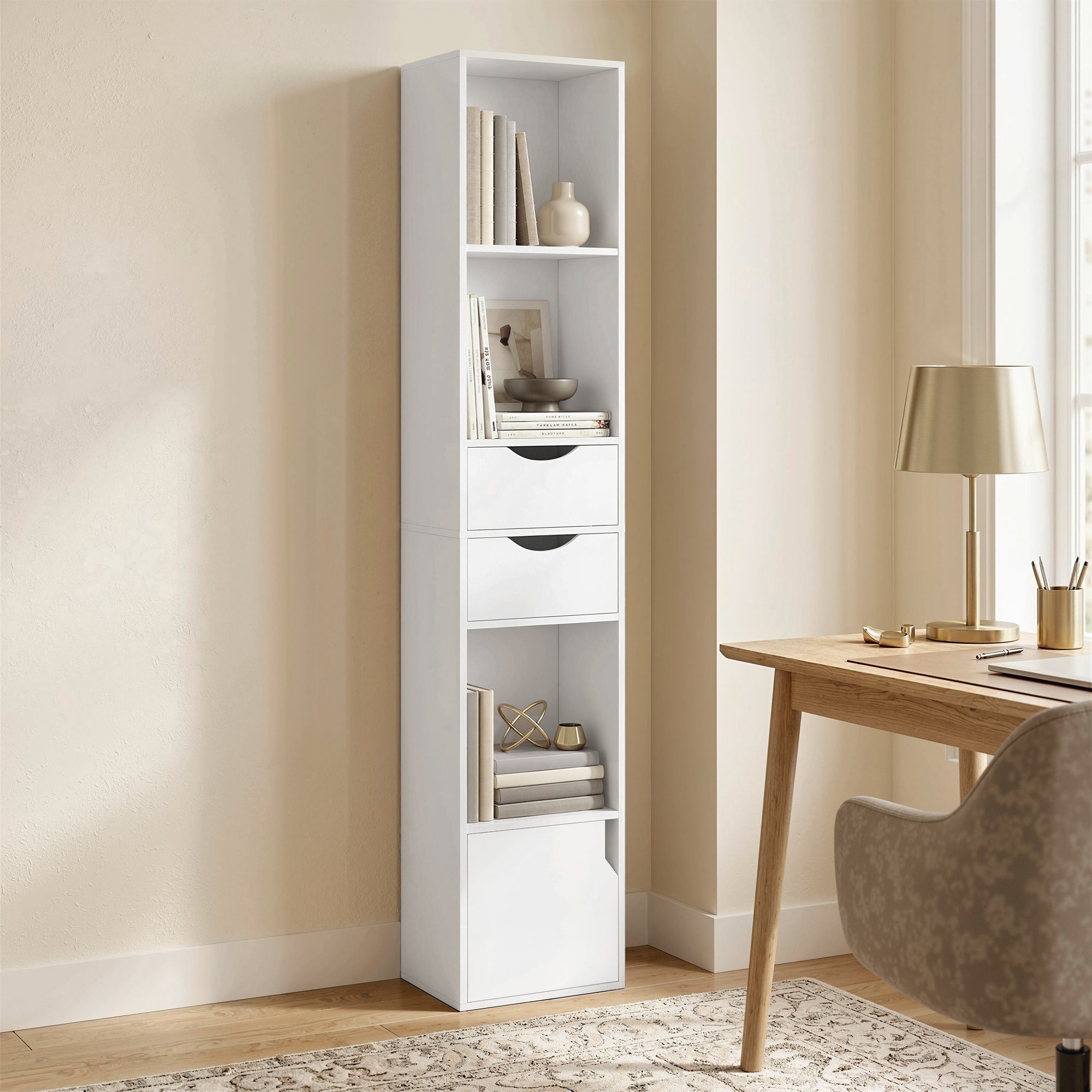 HOMCOM Bookcase with Drawers Adjustable Shelf Bookshelf with 2 Drawers and Cabinet 158 cm White 