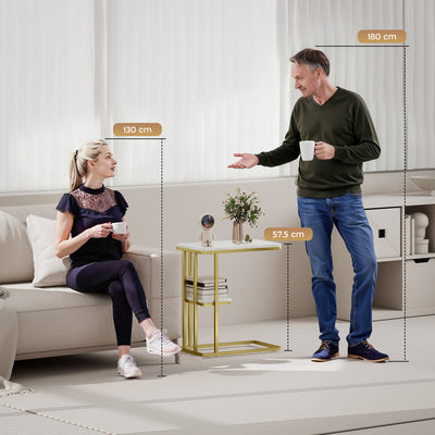 HOMCOM C-Shaped Narrow Side Table, 2-Tier Slim End Table, Nightstand for Small Spaces, Living Room, Bedroom, White Marble Grain 