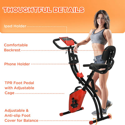 HOMCOM 2-in-1 Folding Exercise Bike with 8-Level Magnetic Resistance, Arm Resistance Band, Pulse Sensor, Red 
