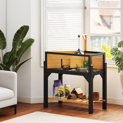 PawHut Wooden Tortoise House with Storage Shelf, Clear Observation Windows, Lamp Holder, Openable Top, Built-in Tray, Yellow 