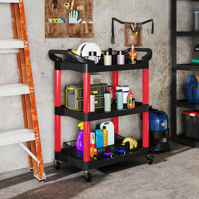 HOMCOM 3-Tier Rolling Tool Cart, Tool Trolley on Wheels, Plastic Mobile Service Utility Cart with Handles for Garage, Mechanics and Warehouse, 91kg Capacity, Black and Red 