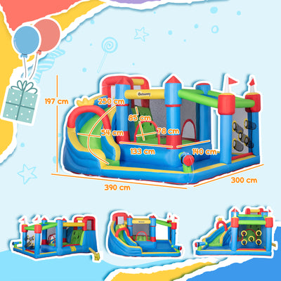 Outsunny Kids Inflatable Bouncy Castle Water Slide 6 in 1 Bounce House Jumping Castle Water Gun Climbing Wall with Air Blower for Age 3-8, 3.9 x 3 x 2m 