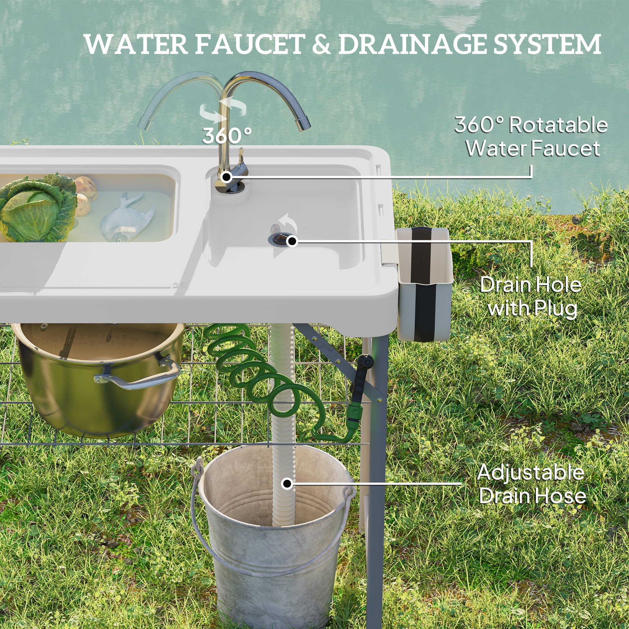 Outsunny Folding Fish Cleaning Table with Sinks, Portable Camping Sink Table with Faucet, Drainage Hose 